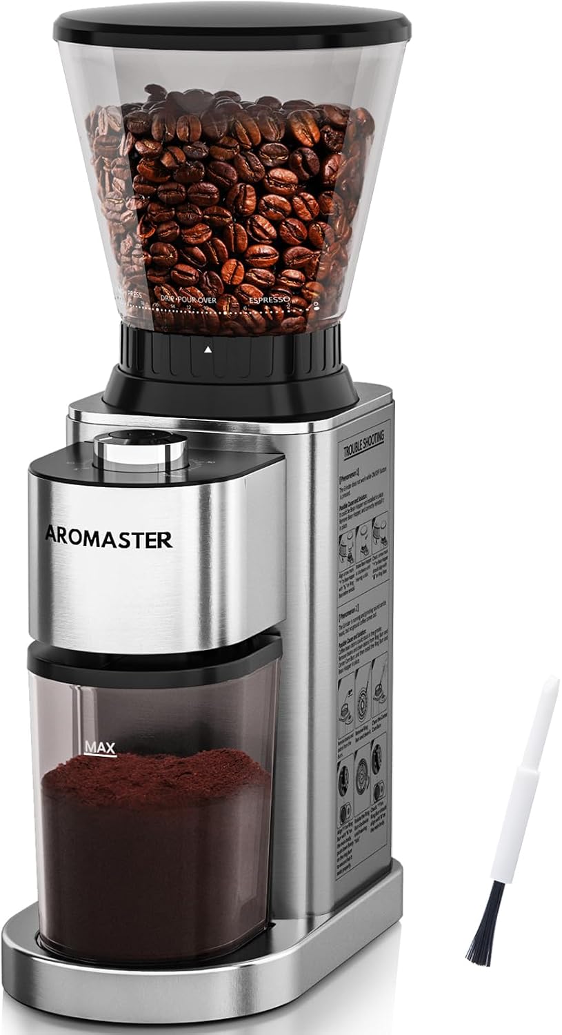 Coffee Grinder Burr - เครื่องบดเมล็ดกาแฟทรงกรวย, 48 ระดับการบด, ป้องกันไฟฟ้าสถิต, สีเงิน |