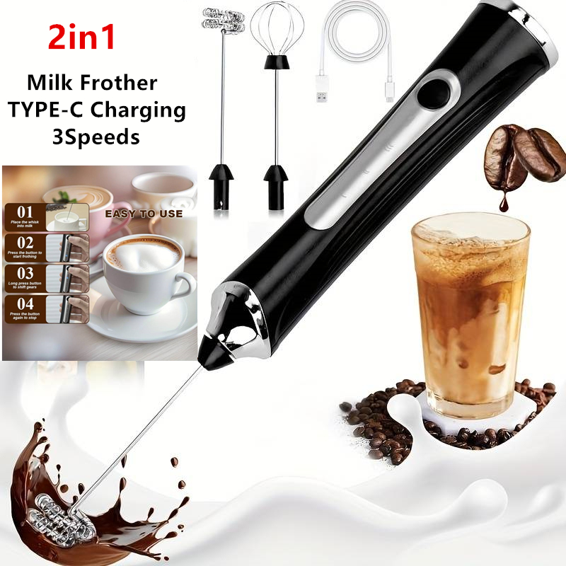 Milk Frother Automatic - เครื่องตีฟองนมไฟฟ้าไร้สายและเครื่องตีไข่พร้อม Type-C 3 ระดับความเร็ว เครื่องตีฟองนมแบบมือถือขนาดเล็ก เครื่องทำฟองนม